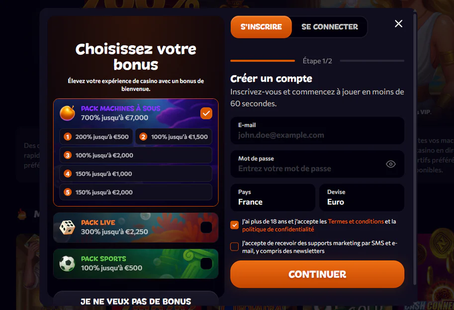 Aphrodite Casino formulaire d’inscription avec choix du bonus, e-mail, mot de passe, pays et devise